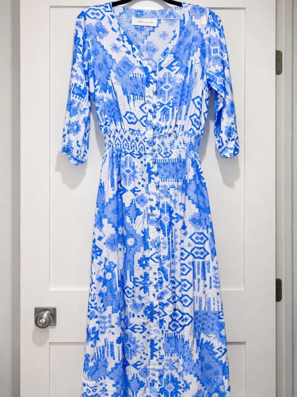 Walker & Wade Blue & White Printed Maxi Dress with Smocked Waist